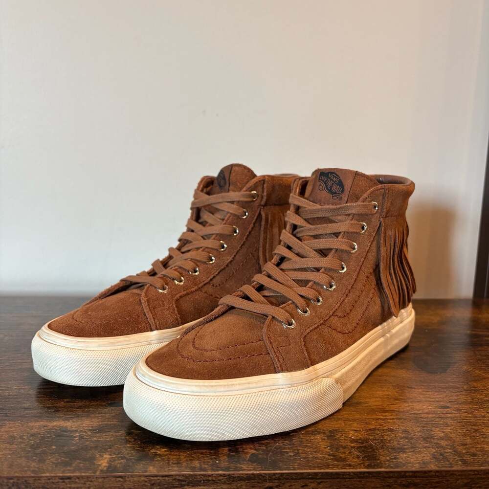 Vans Sk8-Hi Moc Brown Suede Fringe High Top Sneakers Womens 7 Mens 5.5